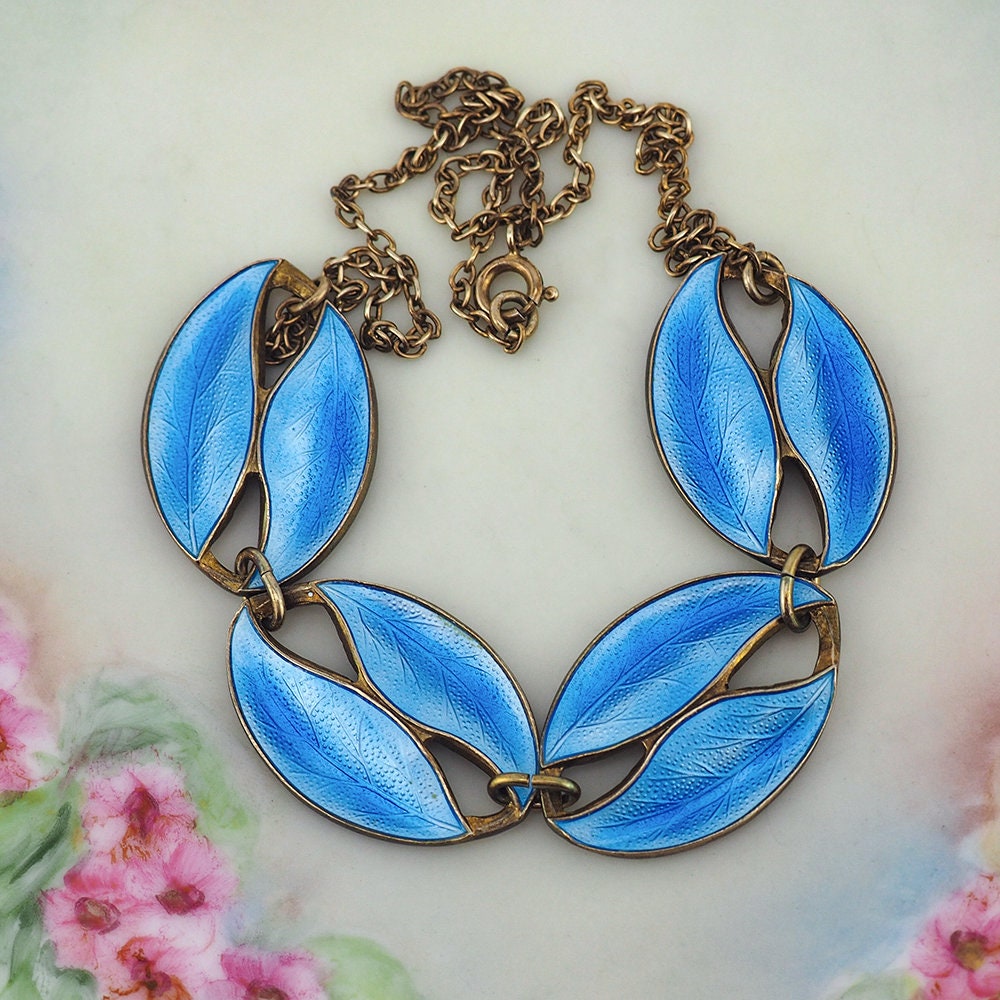 Modernist Necklace, Enamel Necklace, Brodrene Bjorklund, Leaf Necklace, Sterling Silver Necklace, Danish Silver Enamel, Blue Enamel Necklace