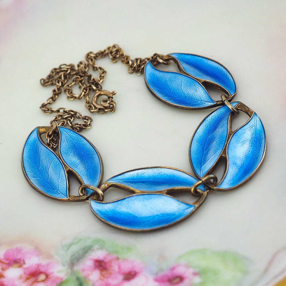 Modernist Necklace, Enamel Necklace, Brodrene Bjorklund, Leaf Necklace, Sterling Silver Necklace, Danish Silver Enamel, Blue Enamel Necklace