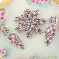Sherman Brooch Earring Set, Sherman Pink Brooch, Flower Brooch, Vintage Sherman, Rhinestone Brooch Set, Crystal Brooch, Snowflake Brooch