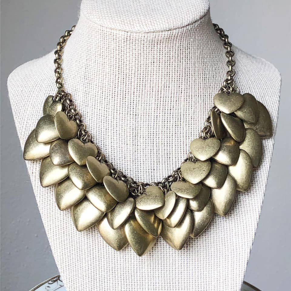Joan Rivers Necklace, Puffy Heart Necklace, Joan Rivers Jewelry, Bauble Necklace, Vintage Style Necklace, Aged Brass, Statement Necklace