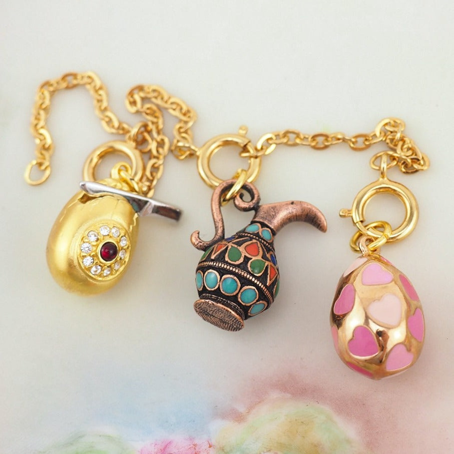 Joan Rivers Charms, Joan Rivers Egg, Charm Extension, Set of 3, Faberge Egg, Egg Necklace, Pitcher Charm, Heart Egg Charm, Knife Egg Charm