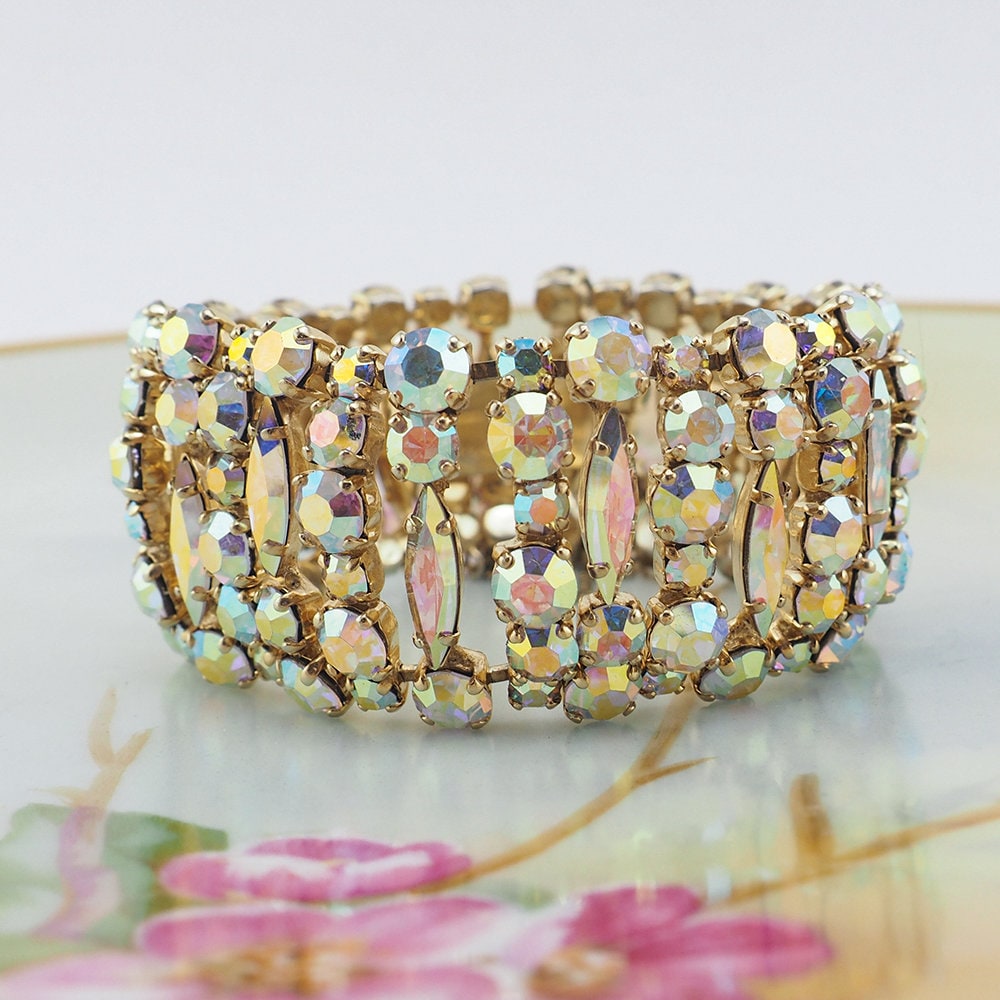 Wide Sherman Rhinestone Bracelet, Vintage Bracelet, Aurora Borealis Bracelet, Sherman Bracelet, Sherman Jewelry, Bridal Jewelry, Crystal