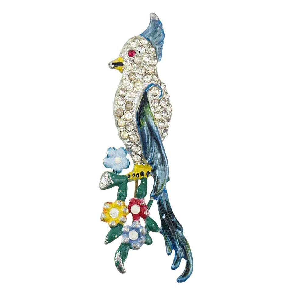 Vintage Bird Brooch, 1940s Brooch, Pot Metal Brooch, Enamel Brooch, Rhinestone Brooch, Vintage Brooch, Floral Brooch, 1940s Jewelry