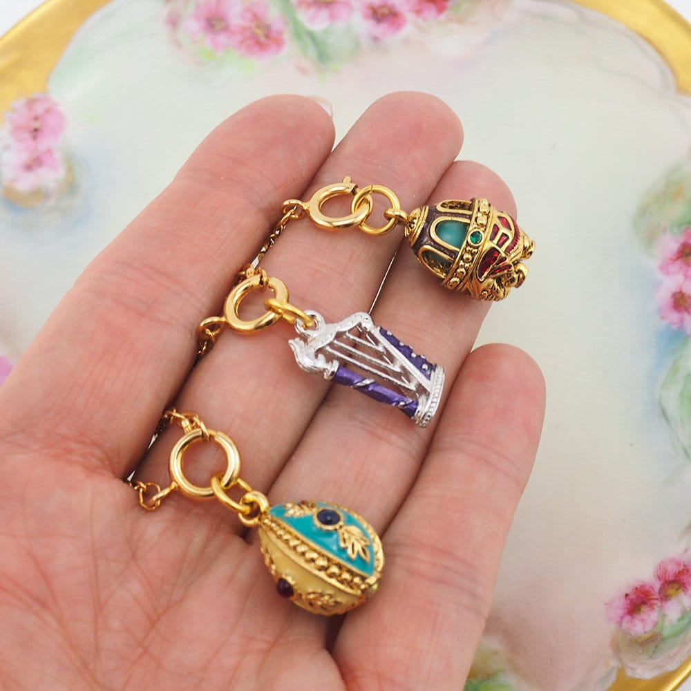Joan Rivers Charms, Joan Rivers Egg, Charm Extension, Set of 3, Faberge Egg, Egg Necklace, Harp Charm, Charm Set, Enamel Egg Charm