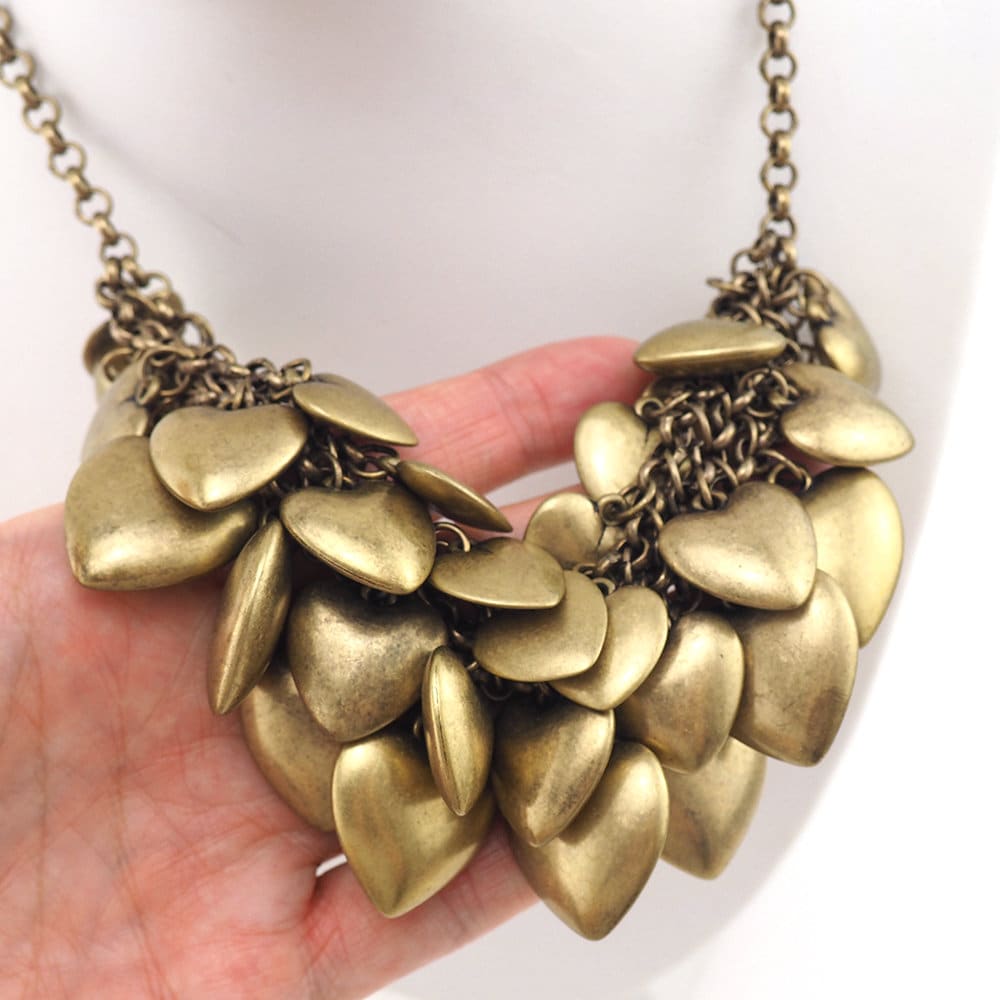 Joan Rivers Necklace, Puffy Heart Necklace, Joan Rivers Jewelry, Bauble Necklace, Vintage Style Necklace, Aged Brass, Statement Necklace
