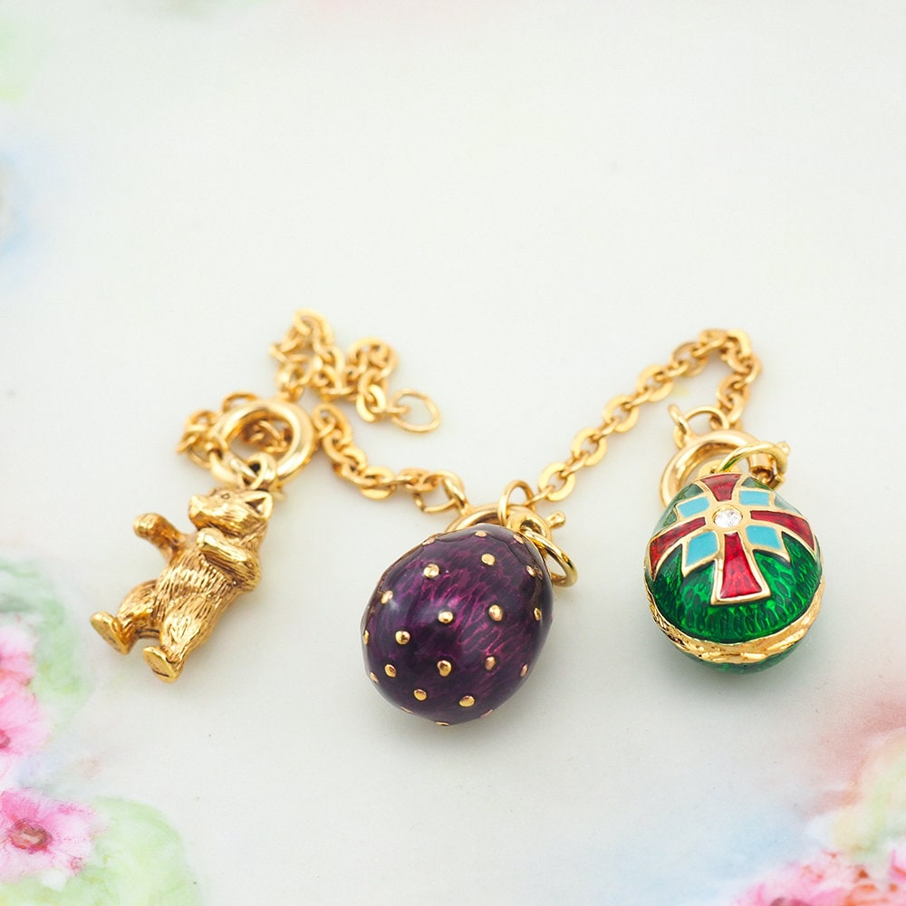 Joan Rivers Charms, Joan Rivers Egg, Charm Extension, Set of 3, Faberge Egg, Egg Necklace, Bear Charm, Charm Set, Enamel Egg Charm