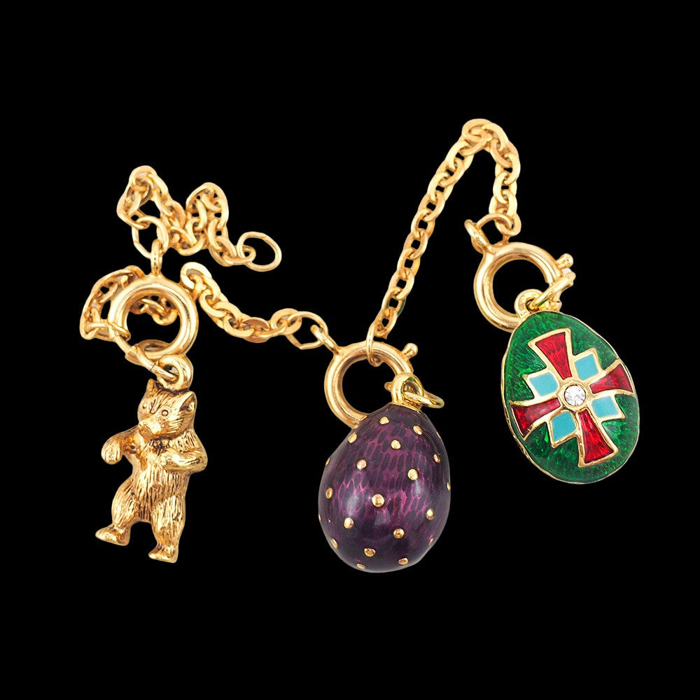 Joan Rivers Charms, Joan Rivers Egg, Charm Extension, Set of 3, Faberge Egg, Egg Necklace, Bear Charm, Charm Set, Enamel Egg Charm