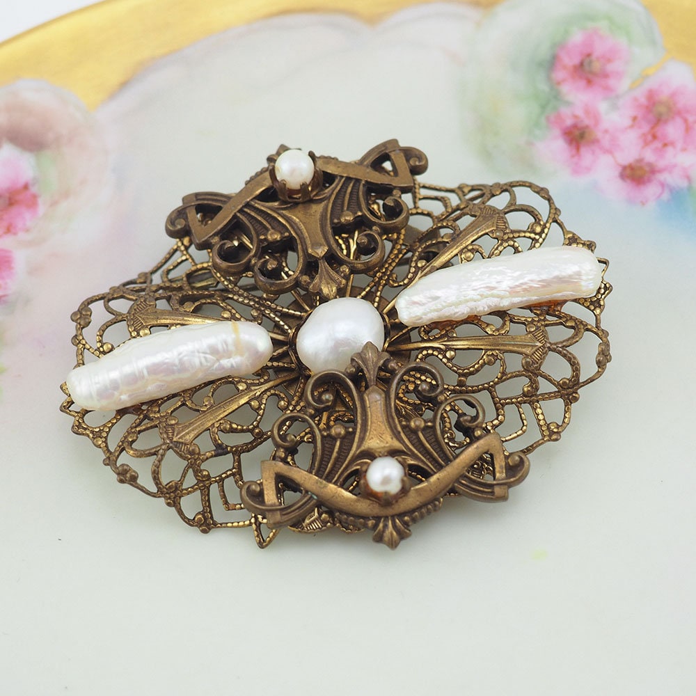 Jan Michaels Jewelry, Vintage Style Brooch, Stick Pearl Brooch, Brass Filigree Brooch, Gold Tone Brooch, Pearl Pin, Designer Brooch