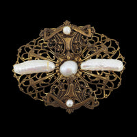 Jan Michaels Jewelry, Vintage Style Brooch, Stick Pearl Brooch, Brass Filigree Brooch, Gold Tone Brooch, Pearl Pin, Designer Brooch