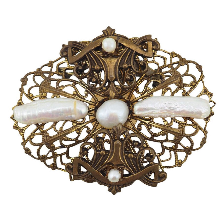 Jan Michaels Jewelry, Vintage Style Brooch, Stick Pearl Brooch, Brass Filigree Brooch, Gold Tone Brooch, Pearl Pin, Designer Brooch