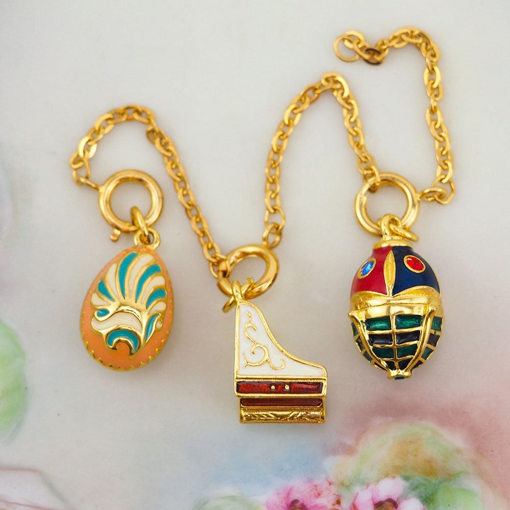 Joan Rivers Charms, Joan Rivers Egg, Charm Extension, Set of 3, Faberge Egg, Egg Necklace, Piano Charm, Charm Set, Enamel Egg Charm