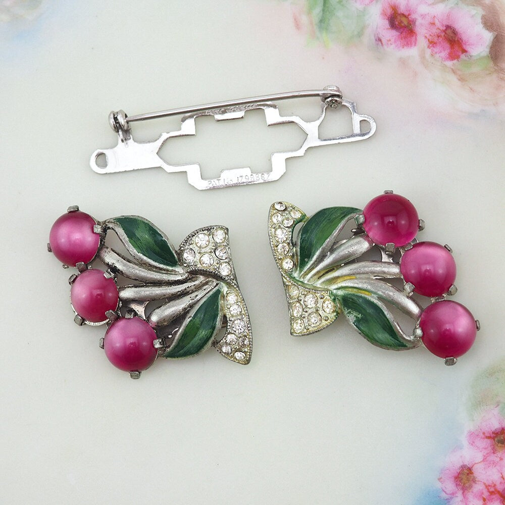 Coro Duette, Coro Dress Clip, Coro Berry Brooch, Coro Enamel Brooch, 1940s Dress Clip, Dress Clip Duette, Moonglow Brooch, Vintage Clips