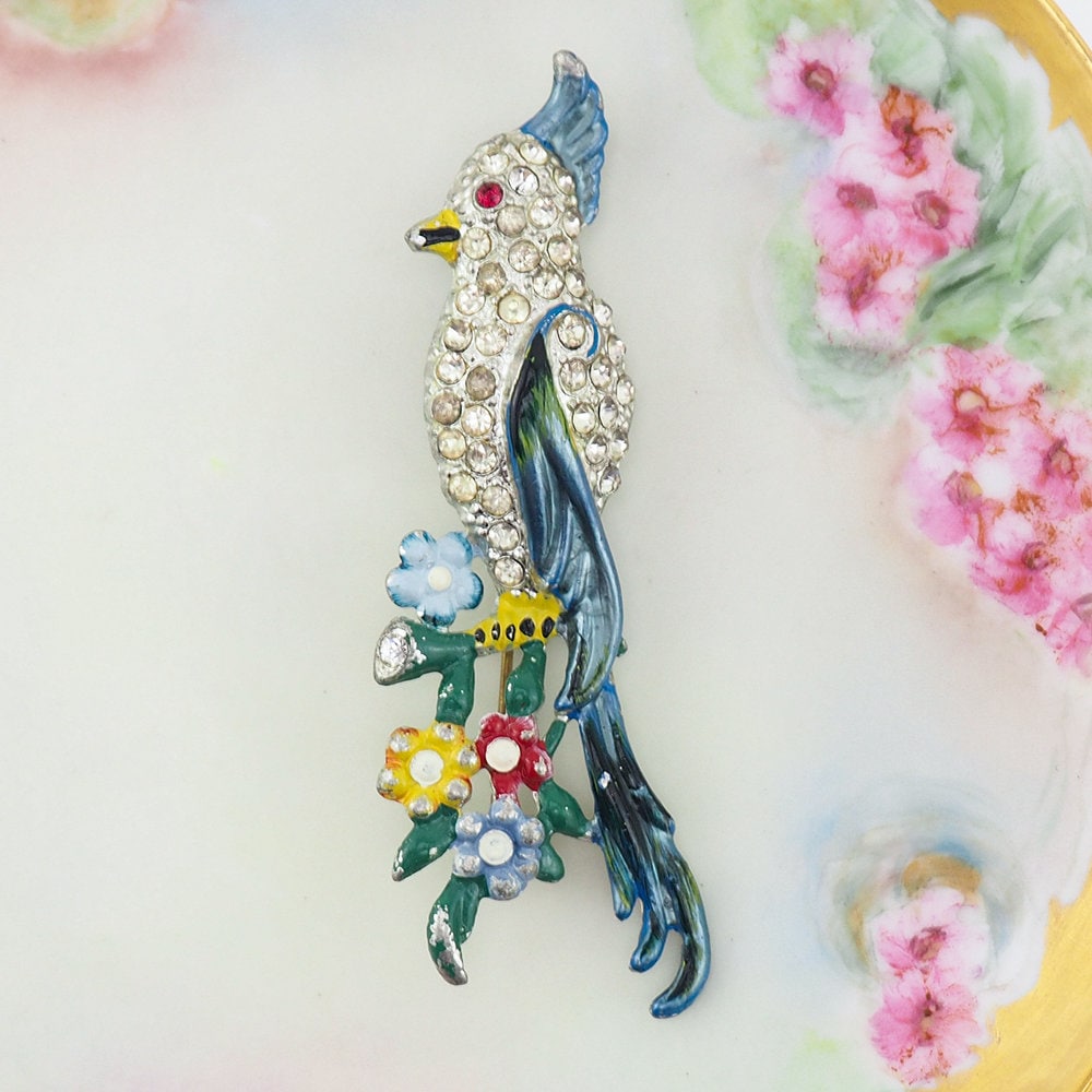 Vintage Bird Brooch, 1940s Brooch, Pot Metal Brooch, Enamel Brooch, Rhinestone Brooch, Vintage Brooch, Floral Brooch, 1940s Jewelry