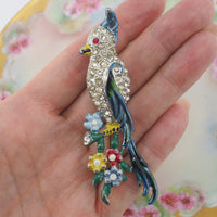 Vintage Bird Brooch, 1940s Brooch, Pot Metal Brooch, Enamel Brooch, Rhinestone Brooch, Vintage Brooch, Floral Brooch, 1940s Jewelry