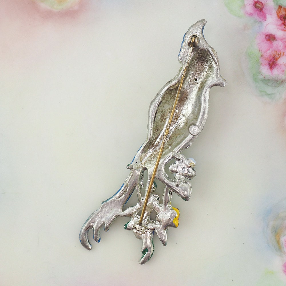 Vintage Bird Brooch, 1940s Brooch, Pot Metal Brooch, Enamel Brooch, Rhinestone Brooch, Vintage Brooch, Floral Brooch, 1940s Jewelry