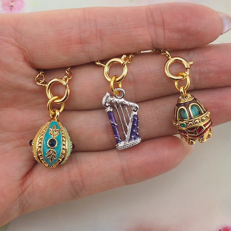 Joan Rivers Charms, Joan Rivers Egg, Charm Extension, Set of 3, Faberge Egg, Egg Necklace, Harp Charm, Charm Set, Enamel Egg Charm