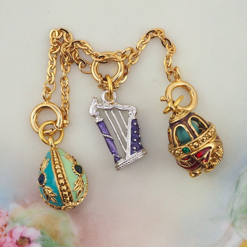 Joan Rivers Charms, Joan Rivers Egg, Charm Extension, Set of 3, Faberge Egg, Egg Necklace, Harp Charm, Charm Set, Enamel Egg Charm