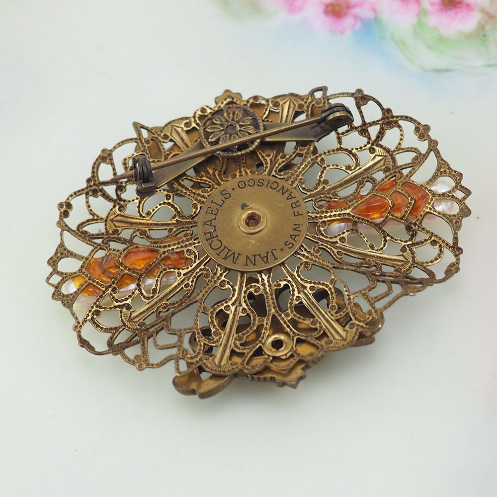 Jan Michaels Jewelry, Vintage Style Brooch, Stick Pearl Brooch, Brass Filigree Brooch, Gold Tone Brooch, Pearl Pin, Designer Brooch