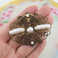 Jan Michaels Jewelry, Vintage Style Brooch, Stick Pearl Brooch, Brass Filigree Brooch, Gold Tone Brooch, Pearl Pin, Designer Brooch