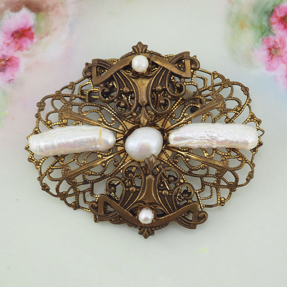 Jan Michaels Jewelry, Vintage Style Brooch, Stick Pearl Brooch, Brass Filigree Brooch, Gold Tone Brooch, Pearl Pin, Designer Brooch