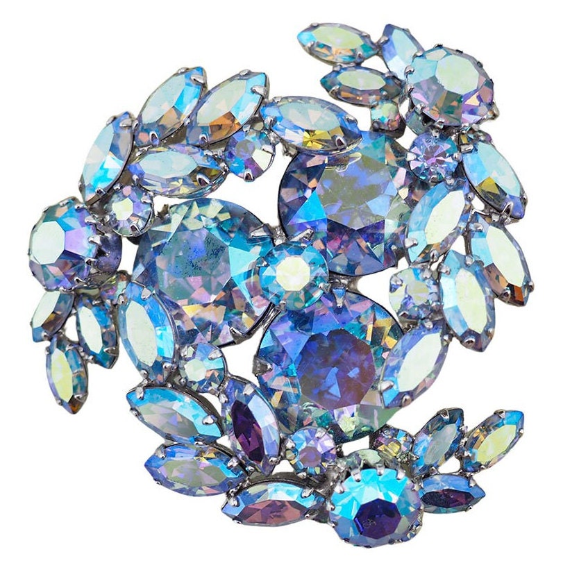 Superb Vintage SHERMAN signed intense blue peacock shops aurora borealis crystal rhinestone layered Maltese cross flower brooch pin