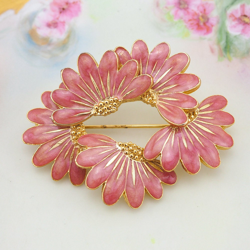 Orena Paris, Pink Enamel Flower Brooch , Vintage Flower Brooch, Flower Pin, Pink Brooch, Flower Brooch, Enamel Brooch, French Brooch