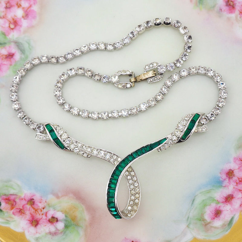 Boucher Necklace, Vintage Necklace, Rhinestone Necklace, Baguette Necklace, Emerald Green, Bridal Necklace, Vintage Rhinestone Necklace