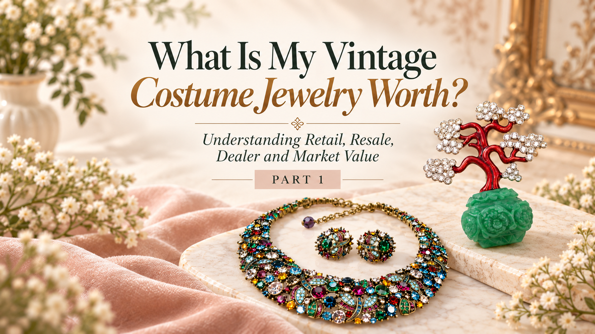 Vintage costume jewelry value guide banner with rhinestone necklace and brooch