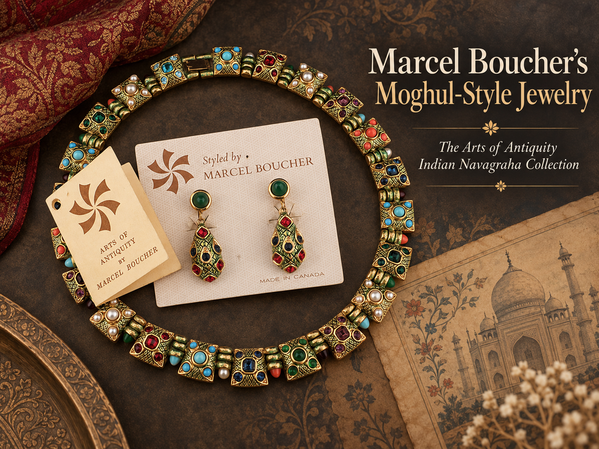 Marcel Boucher's Moghul-style Arts of Antiquity necklace and earrings with original Navagraha collection booklet.