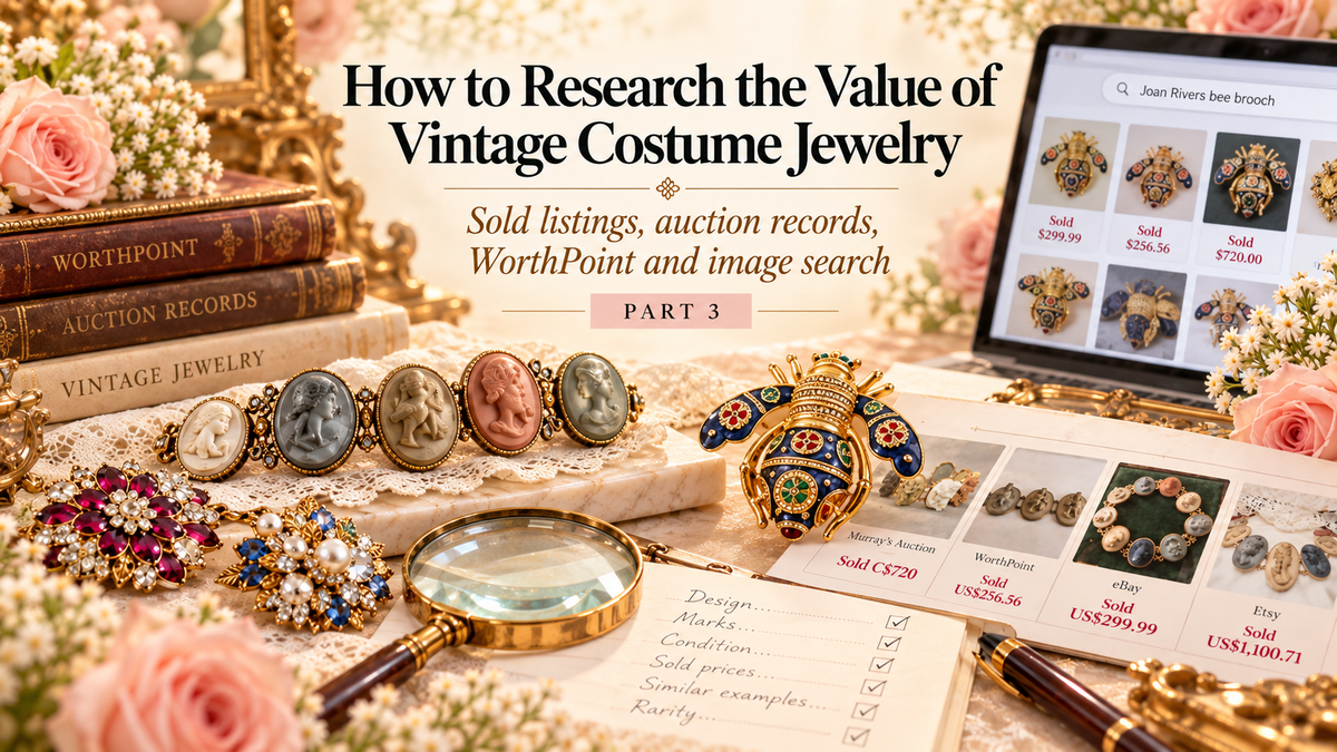 Vintage costume jewelry value research with sold price examples.