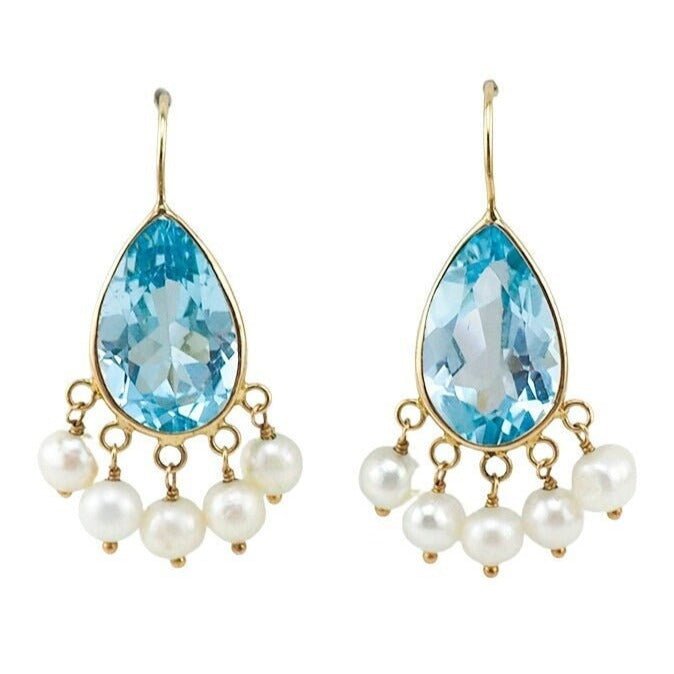 Blue Topaz Earrings, Pearl Drops, Gold Earrings, 14K Gold Earrings, Drop Earrings, Teardrop Earrings, Blue Stone Earrings, Blue Topaz Pearl