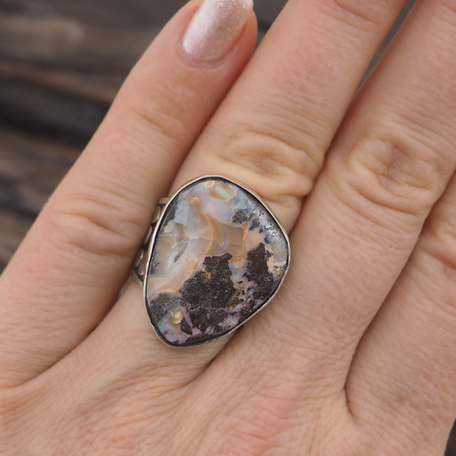 Big Sterling Silver Boulder Opal Statement Ring - size 7