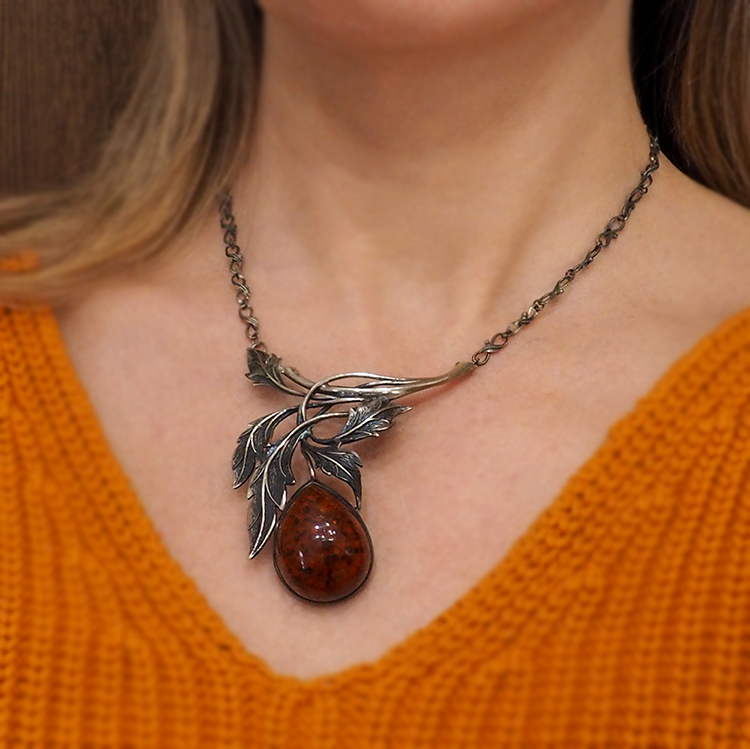 Art Nouveau Inspired Silver Amber Pendant Necklace