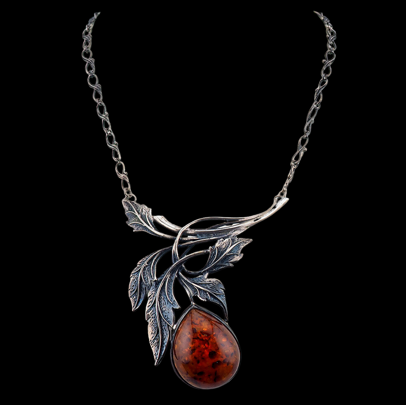 Art Nouveau Inspired Silver Amber Pendant Necklace