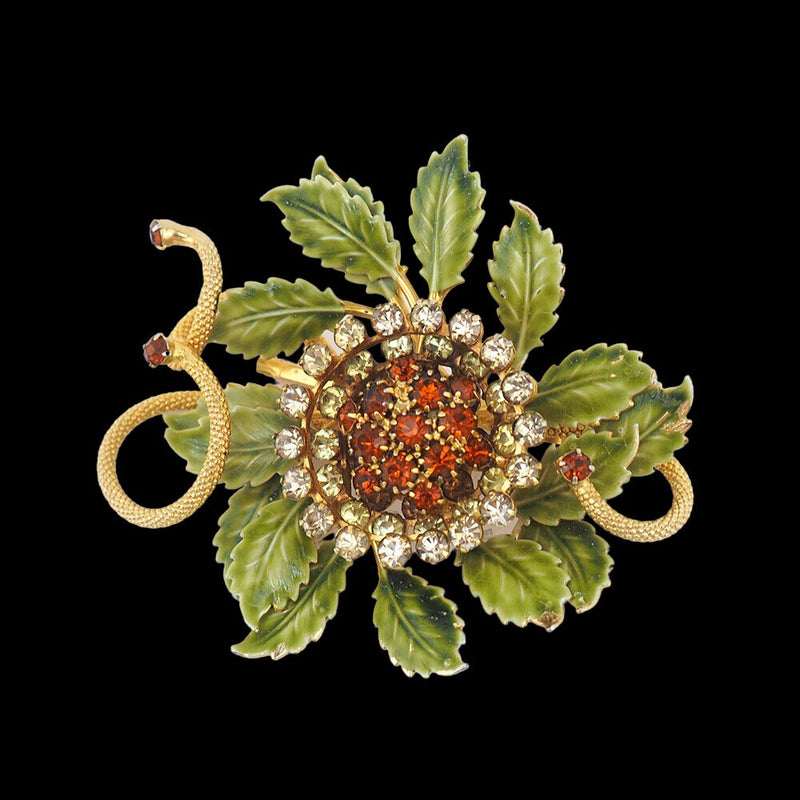 Vendome Flower Brooch, Vintage Brooch, Enamel Flower Brooch, Rhinestone Flower, Flower Brooch, Enamel Brooch, Designer Jewelry