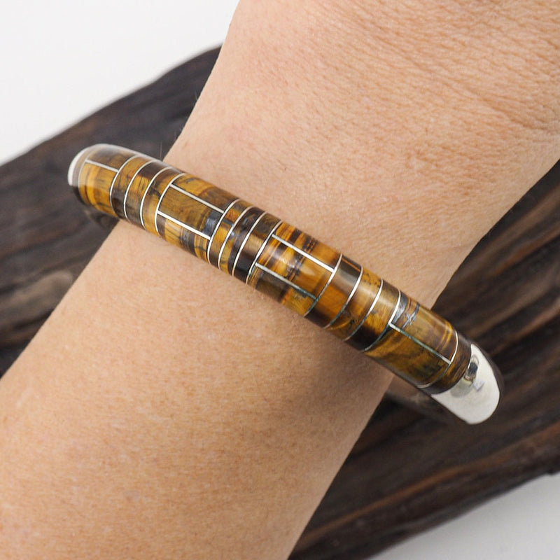 Mexican Bracelet, Tiger Eye Inlay, Mexico Silver Jewelry, Vintage Bracelet, Mexico 925, Silver Inlay, Bangle Bracelet, Silver Bangle