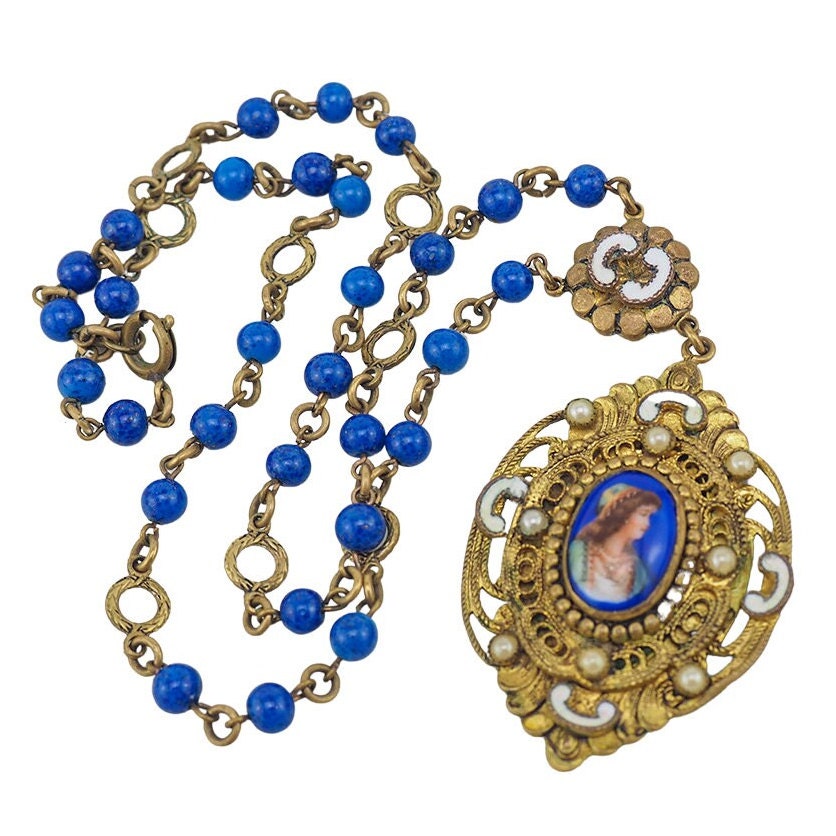 Czech Necklace, Portrait Necklace, Vintage Necklace, Vintage Czech Jewelry, Blue Necklace, Brass Necklace, Czech Enamel, Neiger Bros