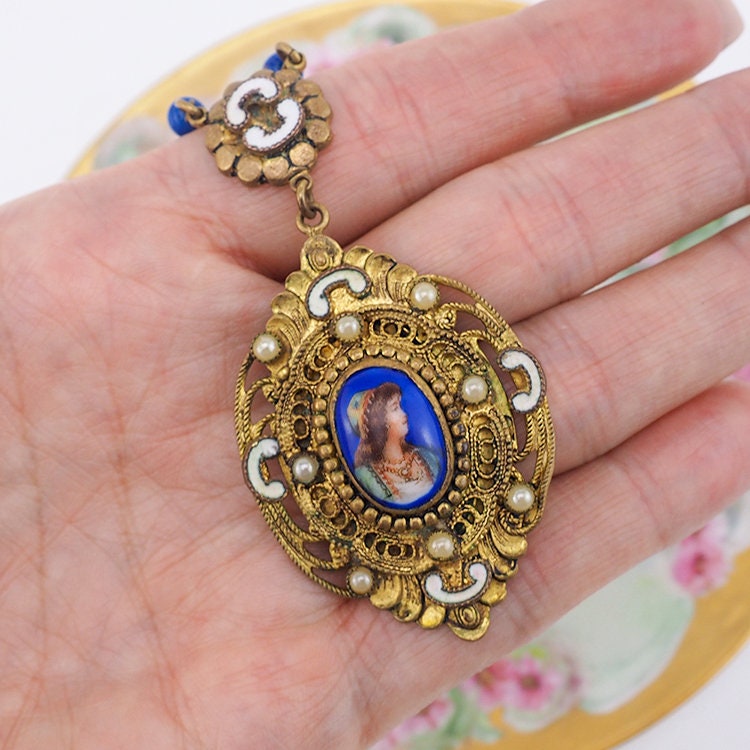 Czech Necklace, Portrait Necklace, Vintage Necklace, Vintage Czech Jewelry, Blue Necklace, Brass Necklace, Czech Enamel, Neiger Bros