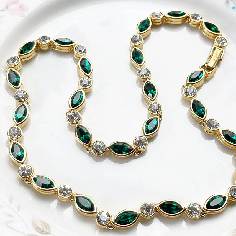 D'Orlan Necklace, Emerald Crystal Necklace, Rhinestone Necklace, Gold Plated Necklace, Vintage Necklace, Marquise Necklace, D'Orlan Jewelry