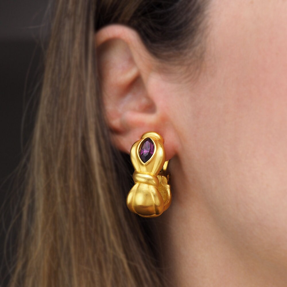 Swarovski Earrings, Half Hoop Earrings, Gold Earrings, Swarovski Jewelry, Purple Earrings, Gold Tone Earrings, Clip On Earrings, Swarovski