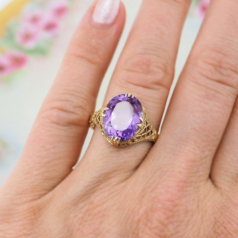 Gold Amethyst Ring, 14K Gold Ring, Vintage Gold Ring, Filigree Ring, Amethyst Ring, Solitaire Ring, February Birthstone Ring, 585 Gold Ring