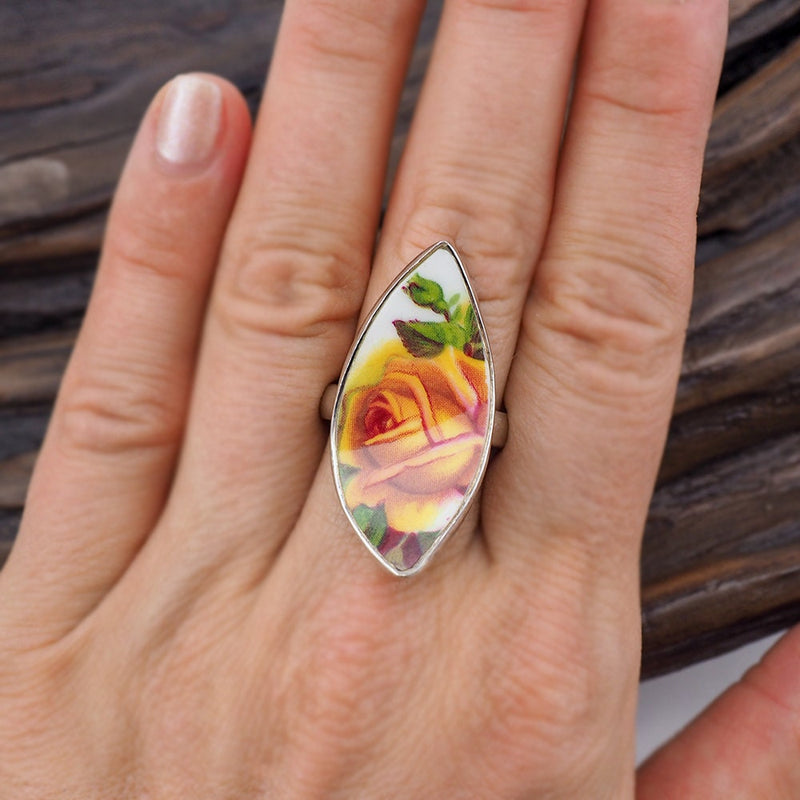 Sterling Silver Ring, Rose Ring, Porcelain Ring, Vintage China, Marquise Shaped Ring, Long Ring, Flower Ring, 925 Ring, Handmade Ring