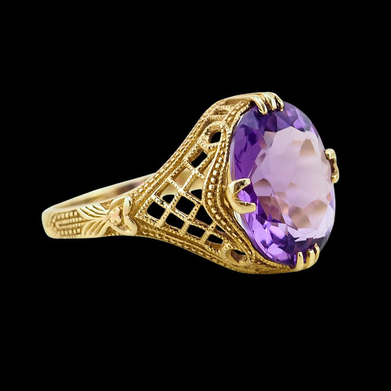 Gold Amethyst Ring, 14K Gold Ring, Vintage Gold Ring, Filigree Ring, Amethyst Ring, Solitaire Ring, February Birthstone Ring, 585 Gold Ring