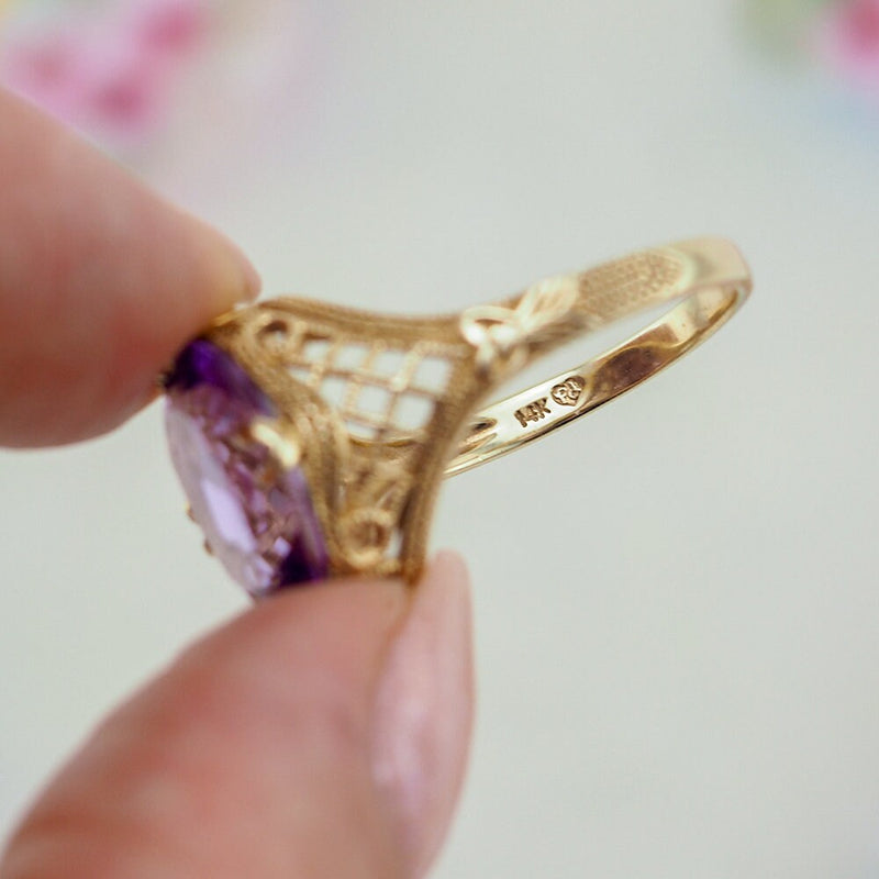 Gold Amethyst Ring, 14K Gold Ring, Vintage Gold Ring, Filigree Ring, Amethyst Ring, Solitaire Ring, February Birthstone Ring, 585 Gold Ring