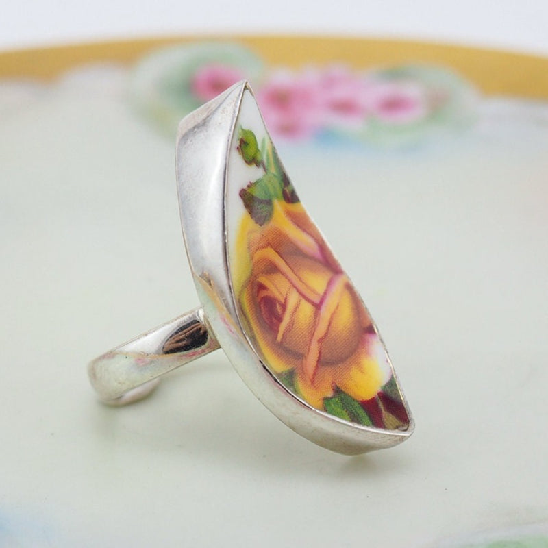 Sterling Silver Ring, Rose Ring, Porcelain Ring, Vintage China, Marquise Shaped Ring, Long Ring, Flower Ring, 925 Ring, Handmade Ring