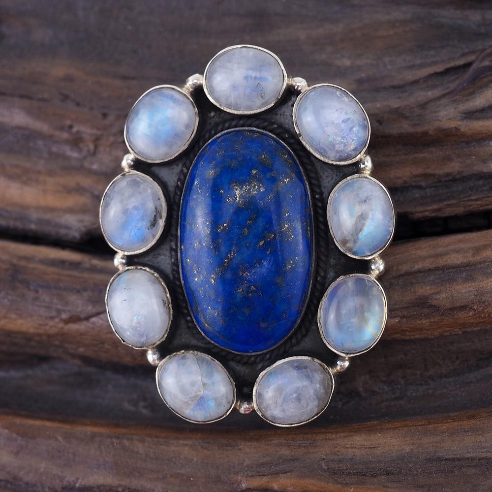 Lapis Lazuli Rainbow Moonstone Silver Ring – Vintage Jewelry