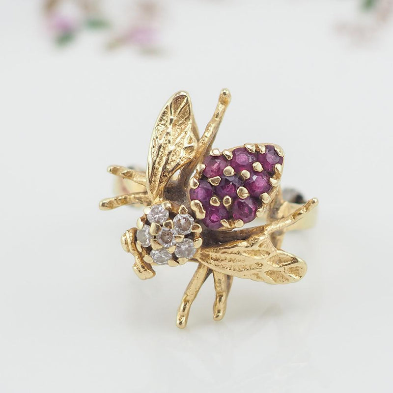 Gold Ruby Ring, Diamond Gold Ring, Diamond Ruby Ring, 14K Gold Ring, Vintage Gold Ring, Insect Ring, 585 Gold Ring, Size 7 ring, Estate Ring