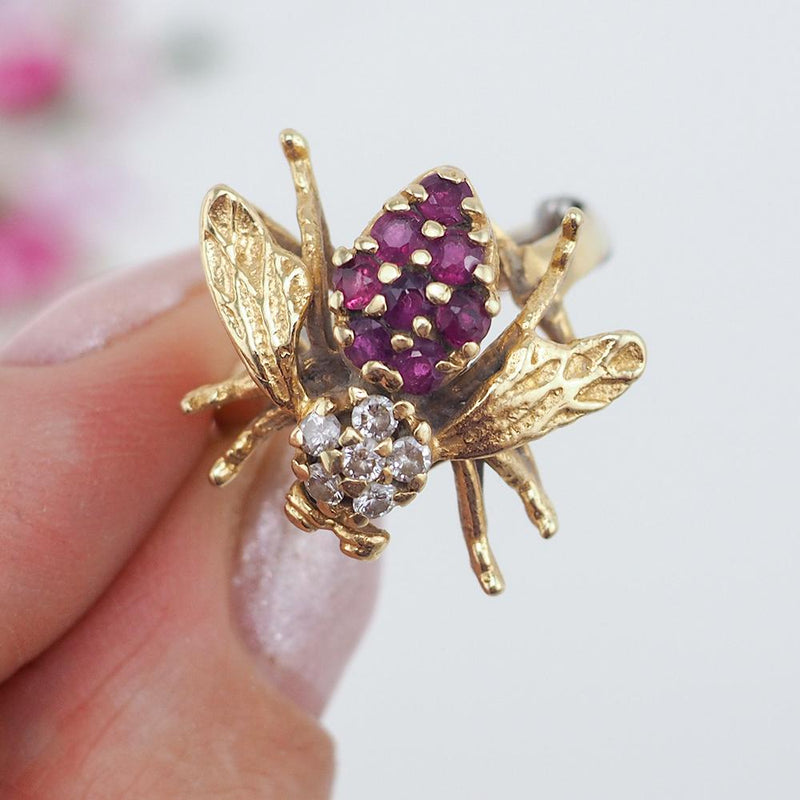 Gold Ruby Ring, Diamond Gold Ring, Diamond Ruby Ring, 14K Gold Ring, Vintage Gold Ring, Insect Ring, 585 Gold Ring, Size 7 ring, Estate Ring