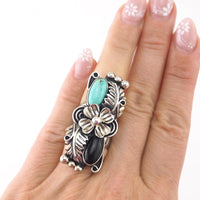 Southwestern Ring, Mexican Silver Ring, Statement Ring, Sterling Silver Ring, Size 5, Flower Ring, Onyx and Turquoise, Mexican Silver, 925