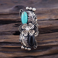 Southwestern Ring, Mexican Silver Ring, Statement Ring, Sterling Silver Ring, Size 5, Flower Ring, Onyx and Turquoise, Mexican Silver, 925